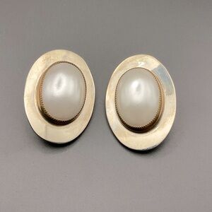 Vintage Large Oval Silver and Gold Tone Faux Pearl Clip On Earrings Chic Classic